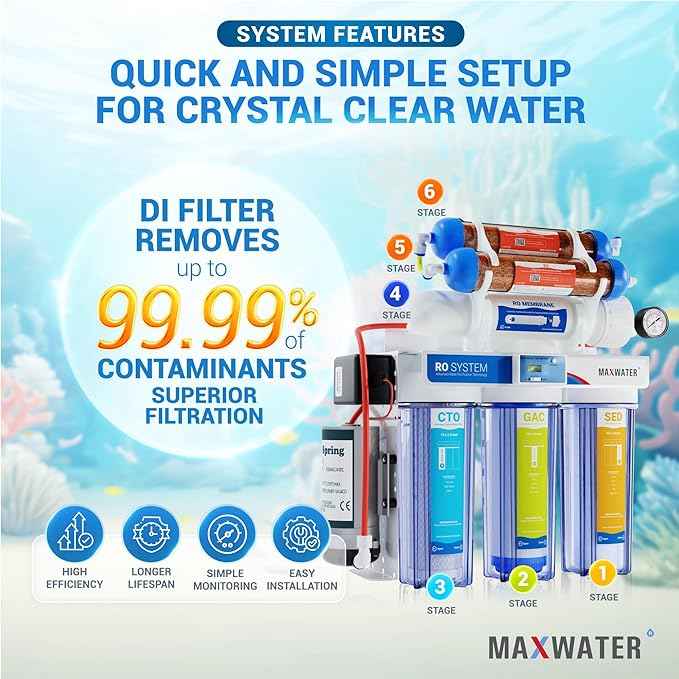 Max Water 6 Stage 200 GPD (Gallon Per Day) RODI (Reverse Osmosis Deionization) Water Filtration System + Digital TDS Meter + Booster Pump for Aquarium