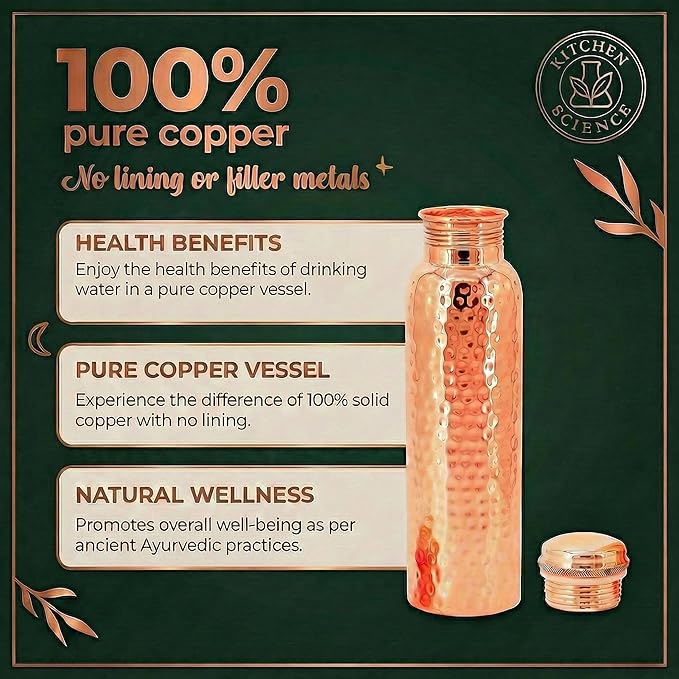 Kitchen Science- Copper Craft 34oz Copper Water Bottle with Canvas Bag – Lab-Tested, Leak-Proof, Heavy Duty, Ayurvedic Drinking Bottle