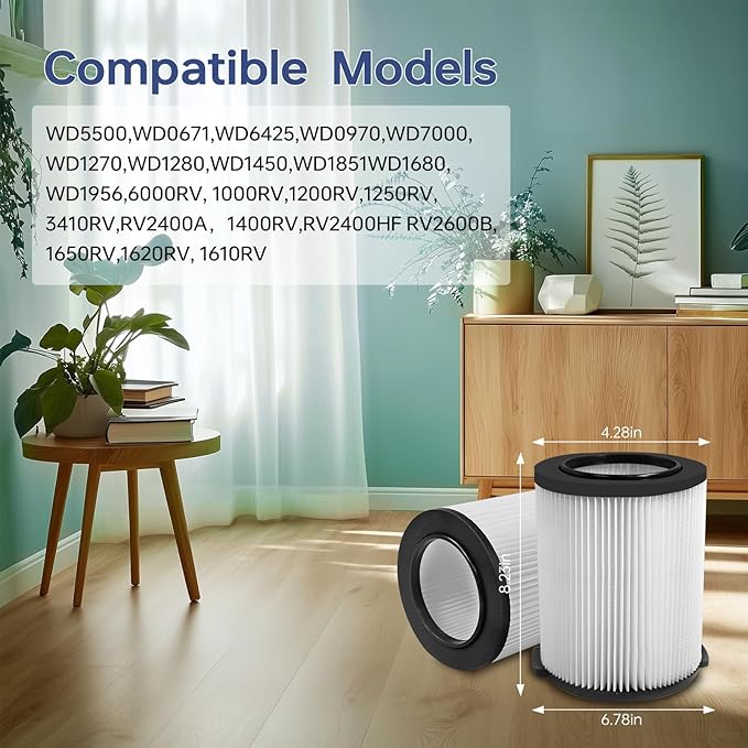 VF4000 Replacement Filter Wet Dry Vacuum Cleaner Compatible with RIDGID Wet Dry 5-20 Gal, 6-9 Gal Husky Vacuum, CRAFTSMAN 17816 Shop Vacuum (2 Pack Filters) - AquaVibe