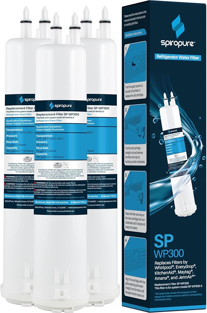 SpiroPure SP-WP300 NSF-Certified Refrigerator Water Filter Compatible Replacement for Filter 3 4396841 EDR3RXD1 Fridge Cartridge 4396710 9030 9083 46-9030 46-9083 (3 Pk)