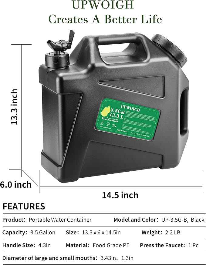 3.5 Gallon Water Jug(14.5x13.3x6in), Overlanding Gear Water Containers Spigot, Camping Essential Truly Leak-Proof Press Faucet Black Water Tank,BPA Free Portable Water Storage for Outdoors Hiking RV