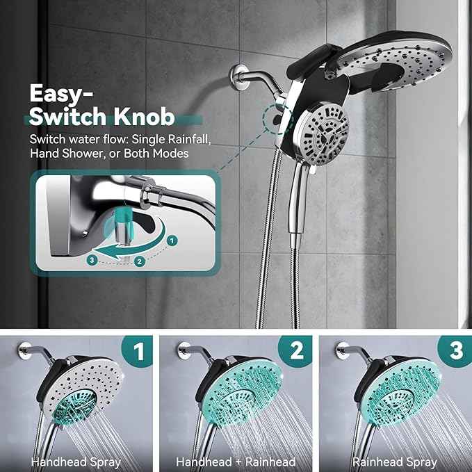 Rain Shower Head with Handheld: Foldable High Pressure Shower Heads with Handheld Spray Combo, 9 Spray Settings/Modes Hand Held Showerhead Dual Rainfall Shower Head Built-in Magnetic Docking and Jets