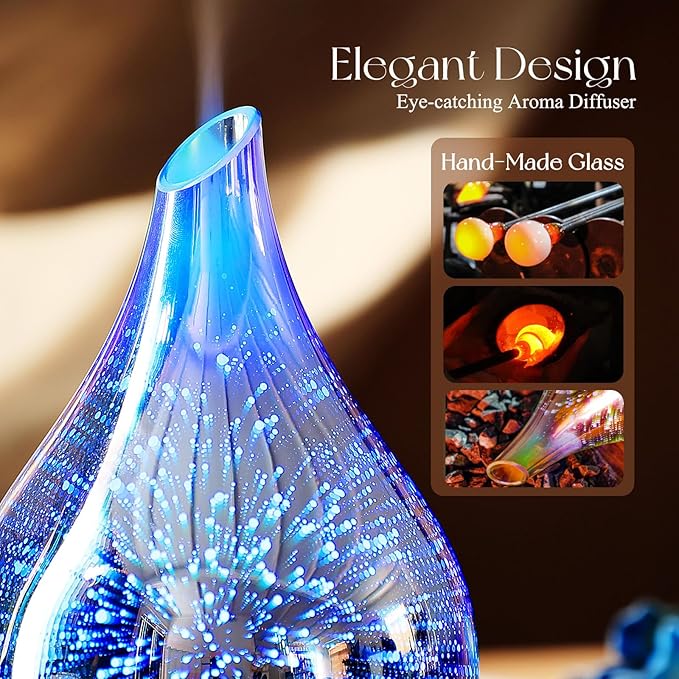 Porseme Oil Diffuser 3D Glass Aromatherapy Ultrasonic Humidifier, Air Refresh Auto Shut-Off, Timer Setting, BPA Free for Home Hotel Yoga Leisure SPA Gift 150ml Last 6H
