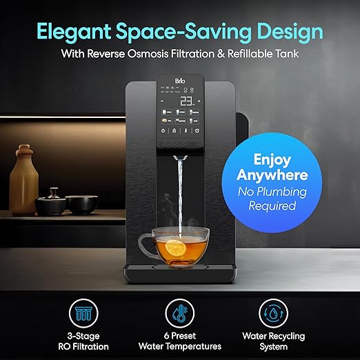 Brio Q20 Touchscreen Countertop Water Dispenser with 3 Stage RO Filtration System | Instant Hot, Cold & Room Temperature with 6 Presets | LED Display, UV Self-Cleaning | Refillable 6L Tank