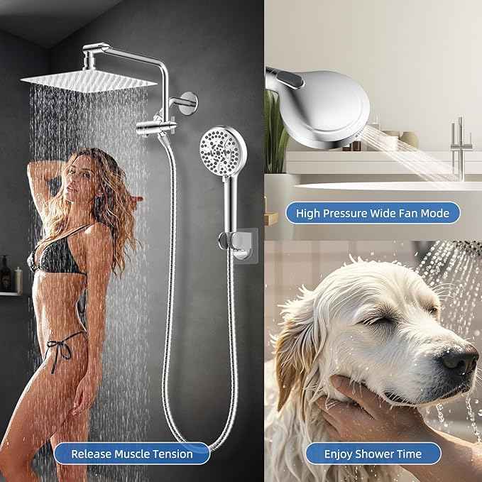 All Metal Shower Head, 10" High Pressure Rainfall/Handheld Shower Combo with 11" Extension Arm, 10-Spray Handheld Showerhead, 71" Long Hose, 3-Way Diverter Valve, Chrome