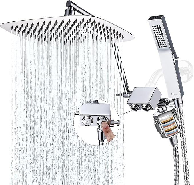G-Promise All Metal 12 Inch Shower Head with Handheld Spray Combo，Rain Shower Head with Handheld Built-in Power Wash Mode, with 16 Stage Shower Filter For Hard Water, Reduces Chlorine and Fluoride (Ch