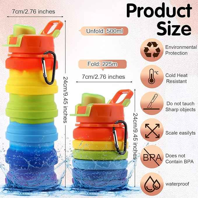 Sunnyray Collapsible Water Bottles Bulk Foldable Water Bottles 17oz Silicone Portable Leak Proof Reusable Sports with Clip for Travel Hiking Camping Outdoor(Colorful,30 Pack)