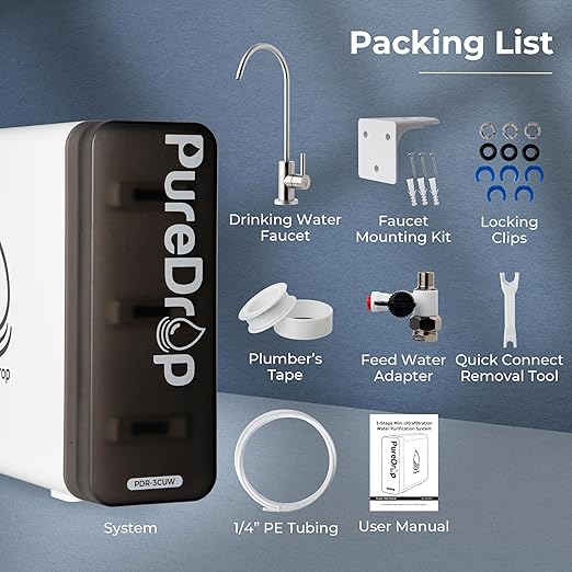 PureDrop PDR-3CUW 0.01μm Ultra-Filtration Under Sink Water Filter System, SGS-Tested Tankless 3-Stage Compact Undersink Water Filtration with Faucet, Removes Chlorine, Bad Taste & Odor, No Waste Water