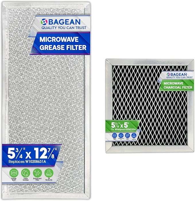 Bagean Grease Microwave Vent Filter W10208631A and Charcoal 8206230A Whirlpool Microwave Filter Replacement Combo Pack - Aluminum Mesh and Carbon Filters Refresh The Kitchen Stove Oven Air (1-Set)