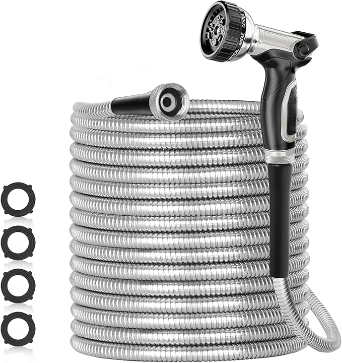 25ft 304 Stainless Steel Garden Hose Metal, Heavy Duty Water Pipe with Nozzles for Yard, Outdoor - Flexible, Never Kink & Tangle, Puncture Resistant (Sliver)