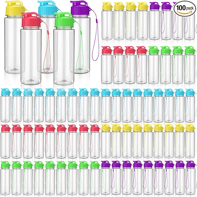 Domensi 100 Pieces Water Bottle Bulk 17 oz Sport Drink Bottles with Handle Strap Adults Reusable Large container for Adults Fitness Gym