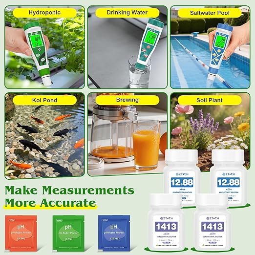 6 in 1 pH EC TDS Monitor for Water Hydroponic with pH EC Calibration Solution, Probe Cleaning Solution, with Extra EC 1413μS/cm and 12.88mS/cm EC Calibration Solution, Each 2 Bottles 50ml