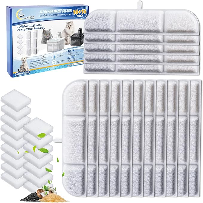 16 Packs Replacement Filters Compatible with DownyPaws Pet Wireless Cat Water Fountain 84oz/2.5L, Filter for Cat and Dogs Water Fountain DPWFP6(16 filter + 16 prefilter)