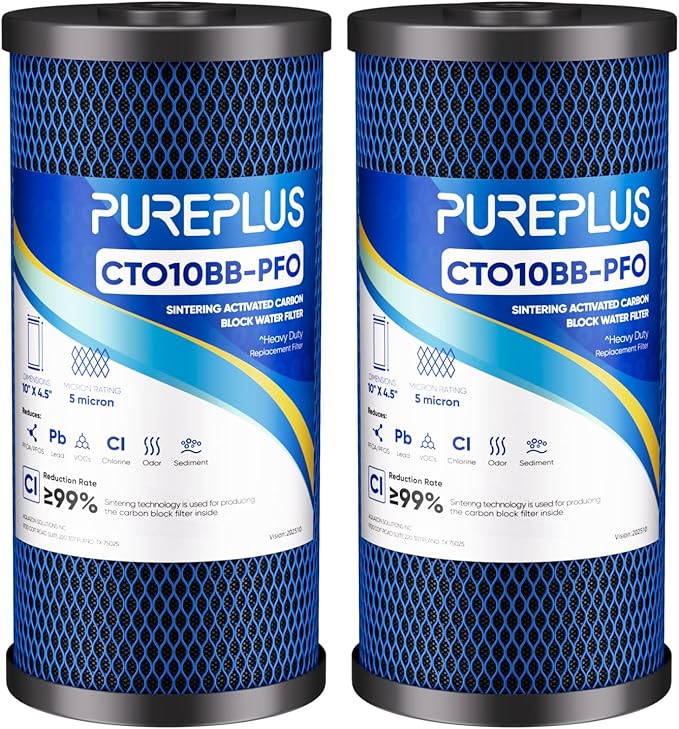 PUREPLUS 5 Micron 10" x 4.5" Whole House PFAS Removal Replacement Water Filter, Coconut Shell Activated Carbon Filter, Compatible with WFHDC8001, GXWH40L, GXWH35F, CB-BB-10, CTO10BB, 2 PACK