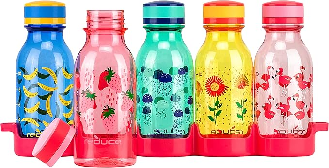 REDUCE WaterWeek 14 oz Tritan Reusable Water Bottles - Includes 5 Leak Proof Bottles and Fridge Tray - BPA Free and Dishwasher Safe