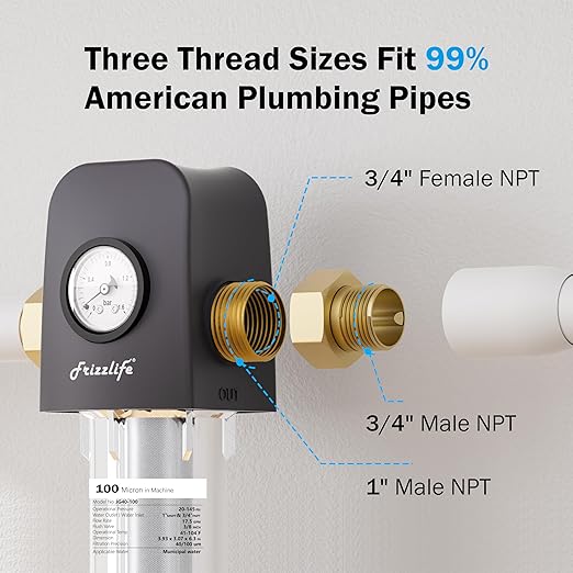 Frizzlife 40 & 100 Micron Spin Down Sediment Water Filter Built-in Scraper, Reusable and Flushable Whole House Pre-Filtration System, Flushable Filtration, 1" + 3/4" NPT, BPA Free, JG40-100