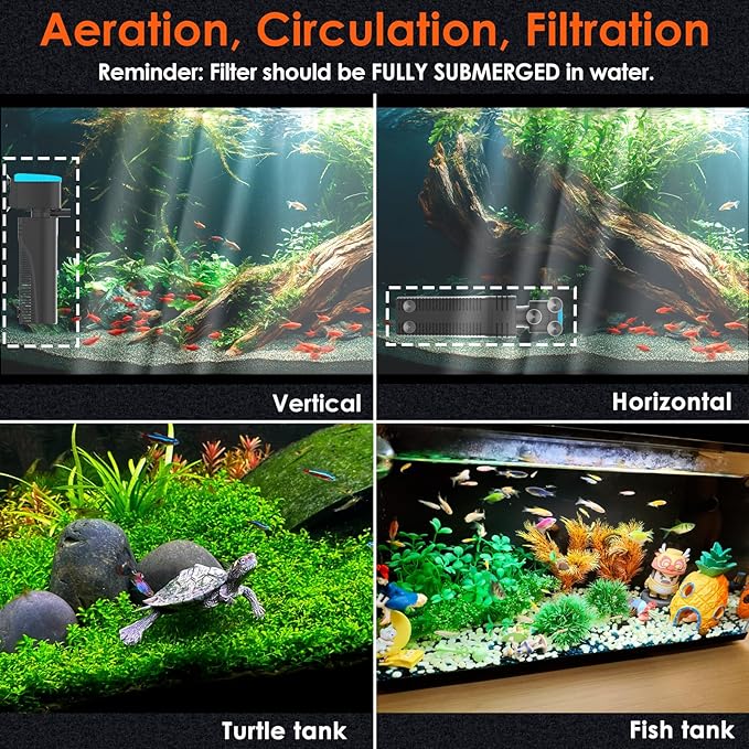 U - V Aquarium Filter with Timer (3/6/12/24 Hours) for Green Water Cleaning, Fish Tank Filter with Aeration & Rainfall Mode, Turtle Filter with Efficient Filter Sponge for Tanks 30-70 Gallon