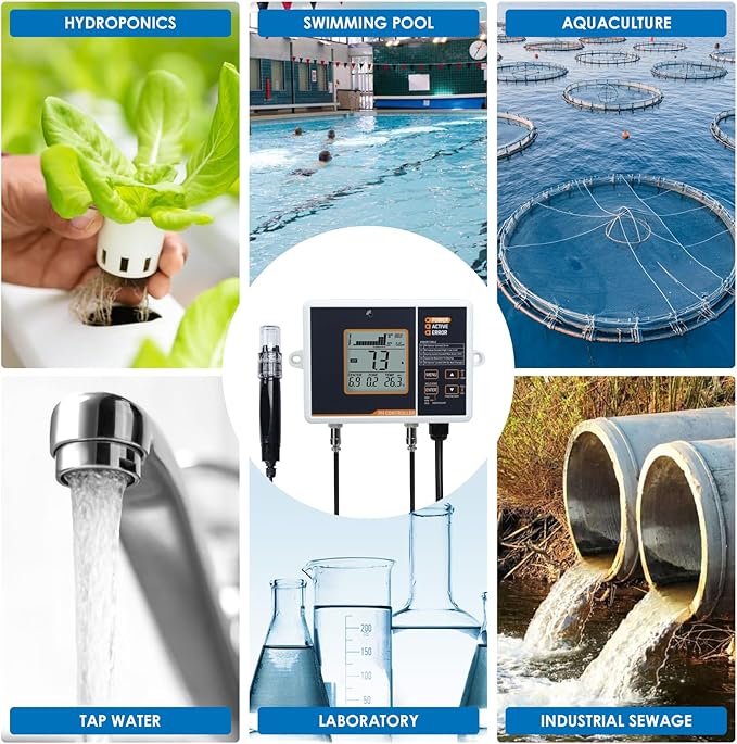 pH Controller with Dual Relay Output & Dosing Pump, Smart Digital pH Monitor pH Meter with Control pH Up and Down, Auto Temperature Compensation, Data Trend Display for Hydroponic System, Aquarium