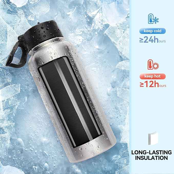 Neihepal 32 oz Insulated Water Bottles Bulk with 2 Lids (Straw & Spout Lid), Stainless Steel Double Wall Water Bottle, Keeps Cold 24H & Hot 12H (Silver,4 Pack)