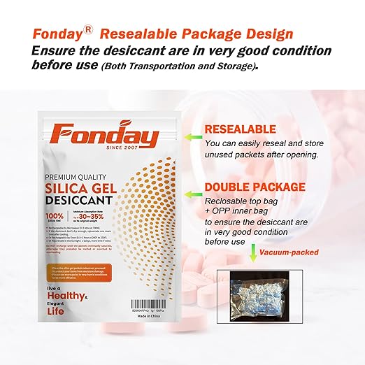 2Gram 100Packets Fonday Food Grade Silica Gel Packs Desiccants Moisture Absorbers Desiccants Packets Dehumidifier Packs
