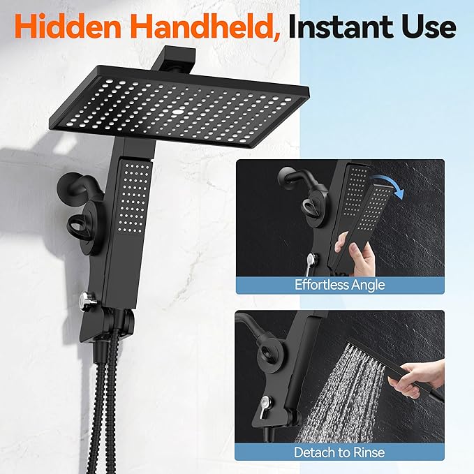 MakeFit Filtered Rain Shower Head with Handheld Combo High Pressure 12'' Rainfall Shower Heads & Hidden Detachable Wand Dual Showerhead Water Softener for Hard Water Easy Filter Replacement