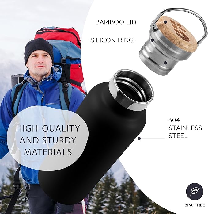 Bambaw 12 oz Insulated Water Bottle, Double Wall Metal Water Bottle Stainless Steel for School, Work & Gym, Wide Mouth, Leak-Proof, Keeps Drinks Cold for 24h Cold and Hot for 12h (Jet Black)