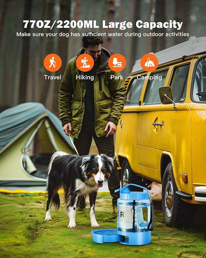 77oz Large Dog Water Bottle - Portable Travel Dog Water Dispenser & Bowl - Leak-Proof Pet Water Jug for Hiking, Camping, Walking & Car Trips, Blue