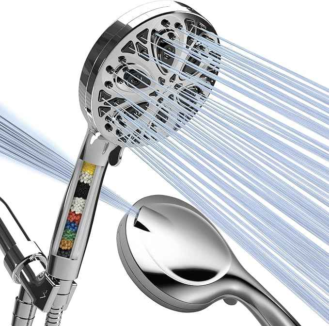 SparkPod 10-Mode Handheld Shower Head with Filter - 5" High Pressure Filtered Shower Head with Touch-to-Clean Nozzles, Built-In Power Jet, Stainless Steel 6ft Hose & Bracket (Polished Chrome)