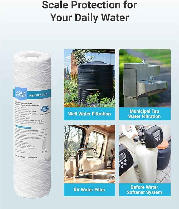 AQUA CREST 5 Micron 10"x2.5" String Wound Sediment Water Filter Cartridge for Well Water, Universal Replacement for Any 10 inch RO Unit, WP-5, Aqua-Pure AP110, CFS110, Culligan P5, WFPFC4002, 4Pack