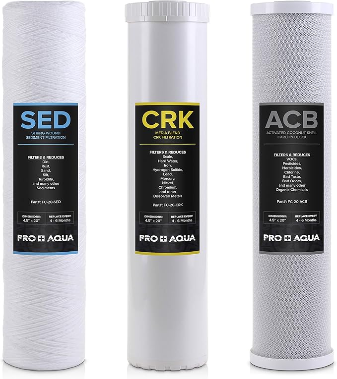 PRO+AQUA Whole House Heavy Metals Well Water Filter Replacement Set - 3 Stage, Sediment, KDF/Blend, Carbon Block - 20", 5 Microns