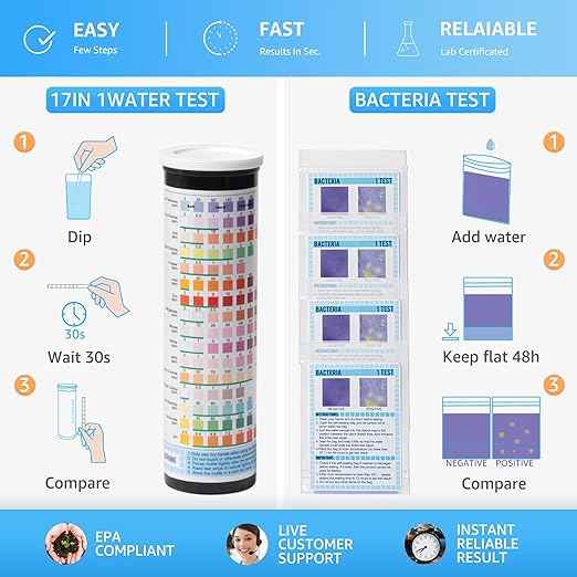 17 in 1 Water Testing Kits for Drinking Water, 100 Strips + 4 Bacteria Tests, Tap and Well Water Test Kit Easy to Test and Read for Hardness, Lead, Iron, pH, Copper, Bacteria and More