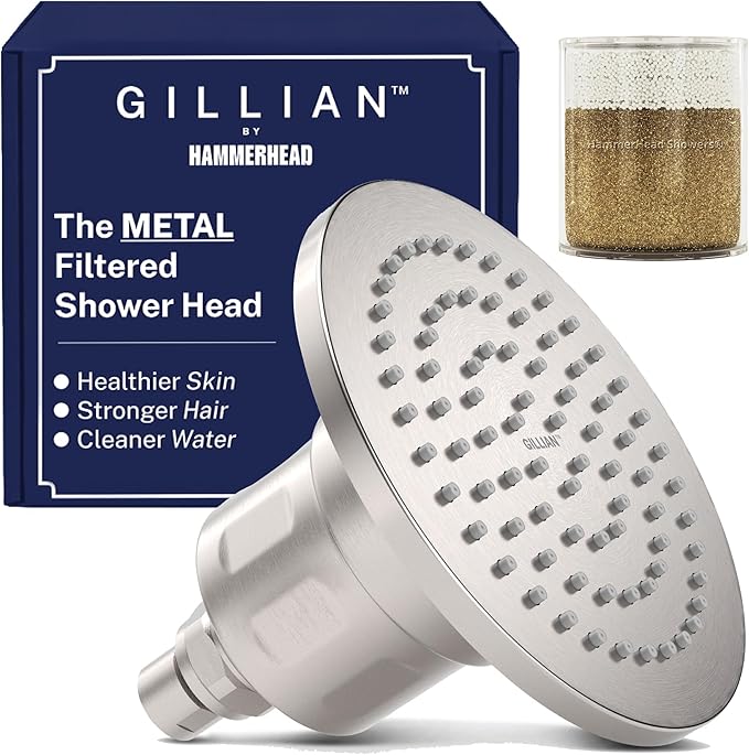 Gillian™ by HammerHead High Pressure Shower Head with Filter – Genuine KDF-55 Metal Hard Water Filtering Shower Head, Healthier Skin & Hair – 6-Inch Rainfall Shower Head with Filters, Brushed Nickel