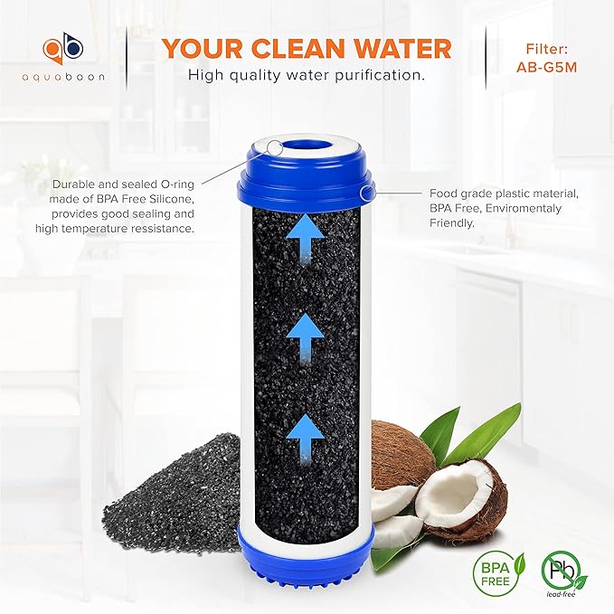 Aquaboon 5 Micron 10 x 2.5 Sediment, GAC, Carbon Filter Replacements Set of 3 Home Water Filters Cartridges Compatible with GAC-10, WHKF-GD05, WHWC