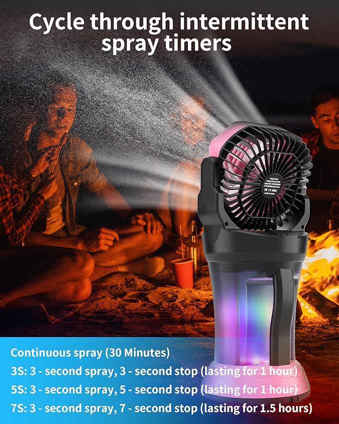 AVV Portable Misting Fan with RGB Ambient Light- 2L Water Tank, 4 Speeds & Spray Mist Fan, 30000mAh Rechargeable Misting Fans for Outdoor/Indoor Fans for Camping, Patio, Garden, Black-Pink