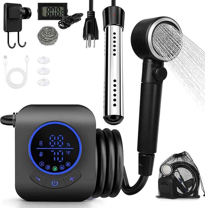 Portable Shower with Water Heater–Camping Shower Pump with 8000mAh Battery, 5-Speed Settings, LCD Display, 6L/min, IPX8–Portable Shower Head for Camping, Hiking, Car, Pets