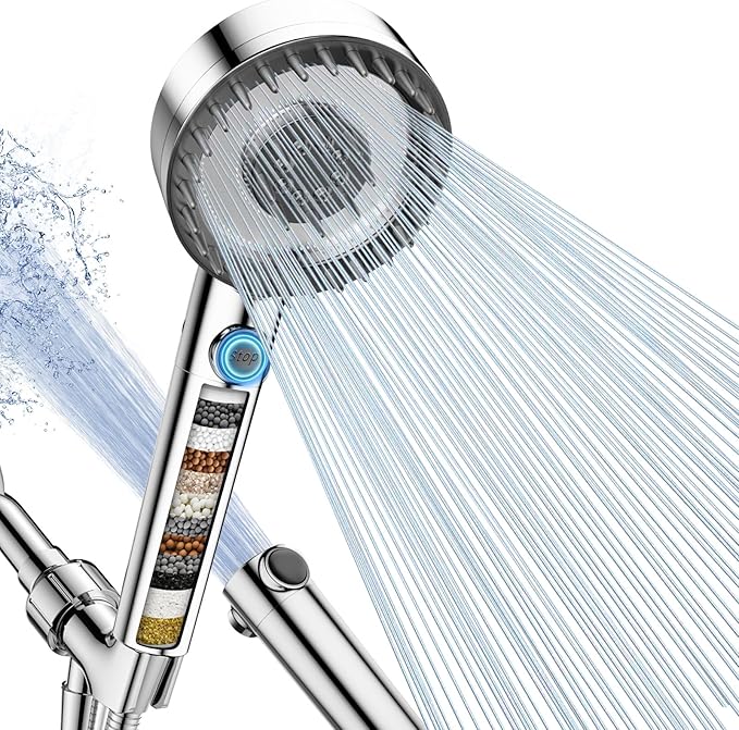 Filtered Shower Head with Handheld, High Pressure 4 Spray Mode Showerhead with Filters, Water Softener Beads for Hard Water with ON/OFF Switch for Pets - Remove Chlorine (Chrome, 5 Inch Panel)