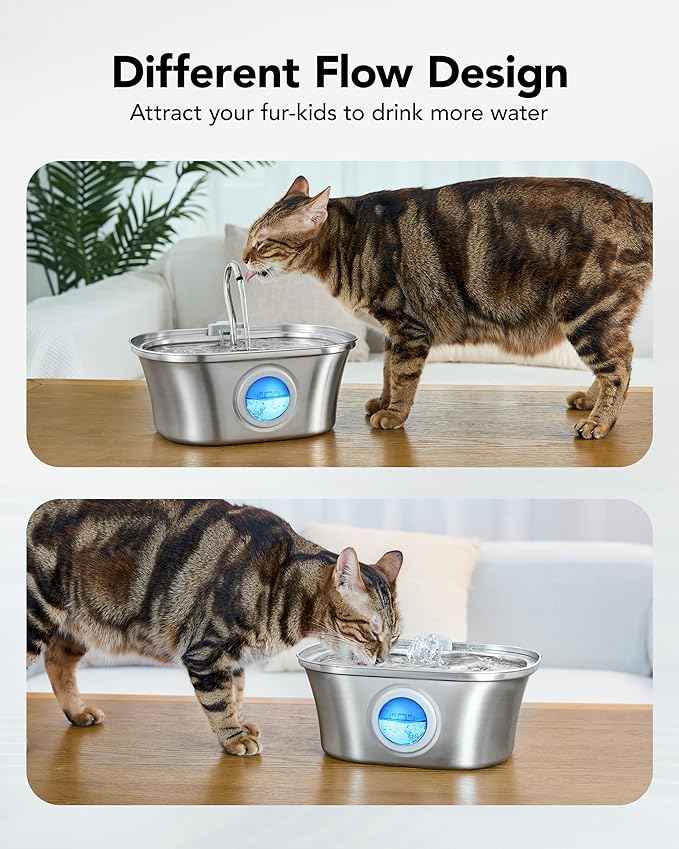 Cat Water Fountain with Water Level Window, HICC PULE 108oz/3.2L Stainless Steel Automatic Pet Water Fountain, Dishwasher Safe Dog Water Dispenser with Ultra-Quiet Pump, Multi-Filtration System