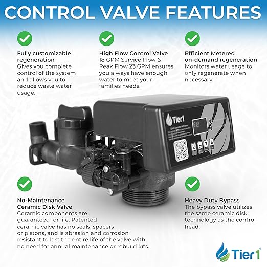 Tier1 Whole House Water Softener System Compact 32,000 Grain High Efficiency with Sediment Pre-Filter | Pre-Filled Mineral Tank with 1 Cubic Foot of Cation Resin | Home Water Filtration System