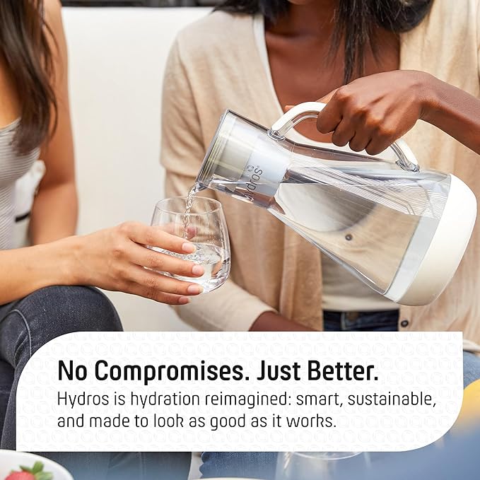 Hydros 64 Ounce Water Filter Pitcher with Patented Fast Flo Tech, 60 Second Quick Fill-Up and BPA-Free Recyclable Filter, Eight Cup Capacity, White