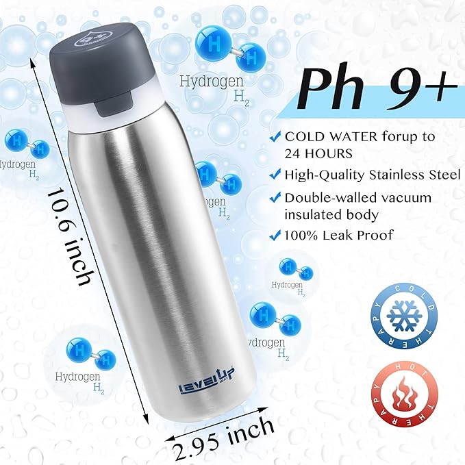 Level Up Way –25 Ounce Premium Stainless Steel Water Bottle with Filter – BPA Free - Travel Essentials - Alkaline Water Filter pH 9+ (Black)