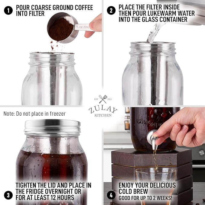 Zulay Kitchen 1.5 Liter Cold Brew Coffee Maker with EXTRA-THICK Glass Carafe & Stainless Steel Mesh Filter - Premium Iced Coffee Maker, Cold Brew Pitcher & Tea Infuser