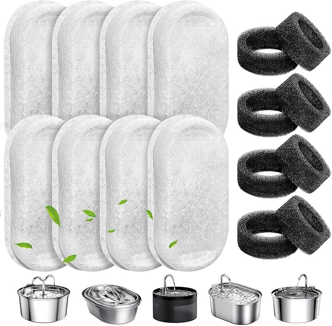 Cat Water Fountain Filters, 8 Pack Pet Replacement Filters with 8 Sponges for Stainless Steel 67oz/2L, 108oz/3.2L and 135oz/4.0L Faucet-Shaped Pet Water Fountain Dog Water Dispenser