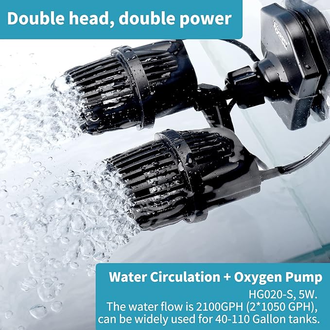 hygger 2100GPH Double Head Aquarium Wave Maker, Quiet 5W Aquarium Circulation Pump, with Strong Magnetic Suction Base, 360°Adjustable Power Head, for 40~110 Gal Tank - AquaVibe