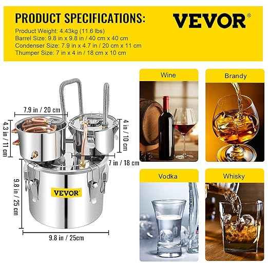 VEVOR Alcohol Still, 3 Gallon, Stainless Steel Alcohol Distiller with Copper Tube & Build-in Thermometer & Water Pump, Double Thumper Keg Home Brewing Kit, for DIY Whiskey Wine Brandy