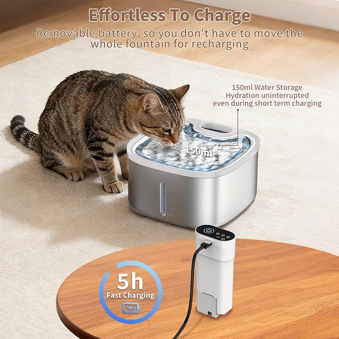 Cat Water Fountain Stainless Steel Wireless 118oz/3.5L–Cordless Battery-Operated Pet Water Dispenser with All-in-One Rechargeable Pump, 3 Smart Flow Modes,Quiet Indoor Fountain for Cats & Dogs