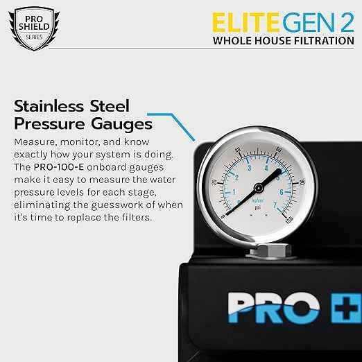 PRO+AQUA Elite Series GEN2 PRO-100-E 3-Stage Whole House Water Filtration System for City & Well Water with Pressure Gauges | Reduces Contaminants, Sediment, Chemicals, Heavy Metals, with 1” Ports