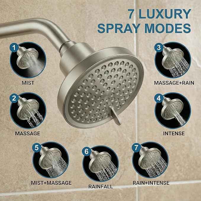 Fixed Shower Head ＆ Filter COMBO ! Anti - Chlorine Hard Water Filtered Shower Heads- 7 Sprays High Pressure Showerheads with 25 Stage Filtration (Brushed Nickel)