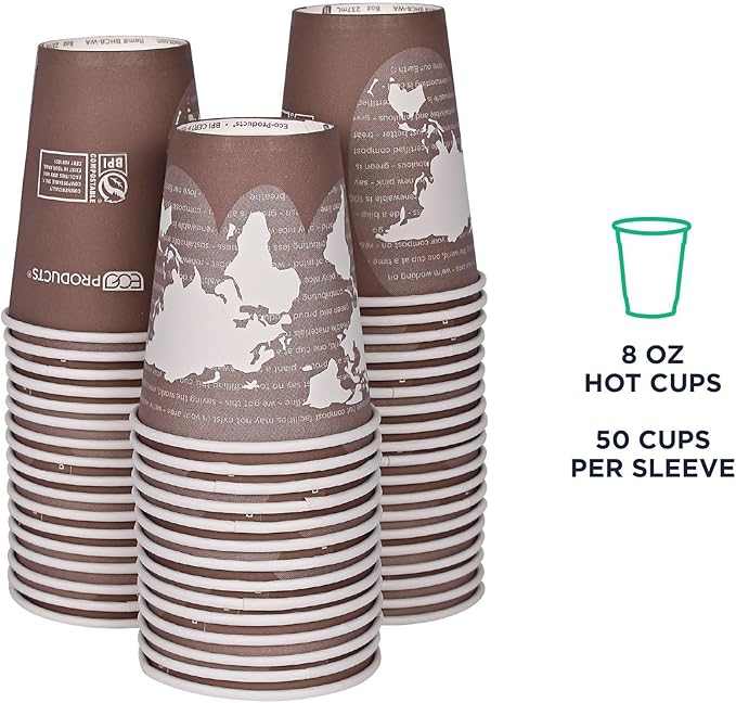 ECO PRODUCTS Compostable Disposable World Art 8oz Small Coffee Cups, Case of 1000, Renewable Hot Paper Cup, Plant Based PLA Lining, Color Coded