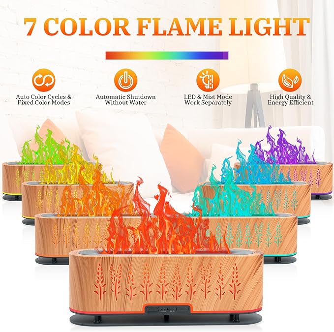 Essential Oil Diffusers, Flame Air Diffuser, 200ml Aromatherapy Diffuser with 2 Mist Mode 4 Timer Up & Waterless Auto-Off Protection for Bedroom Home, Office(Wood)
