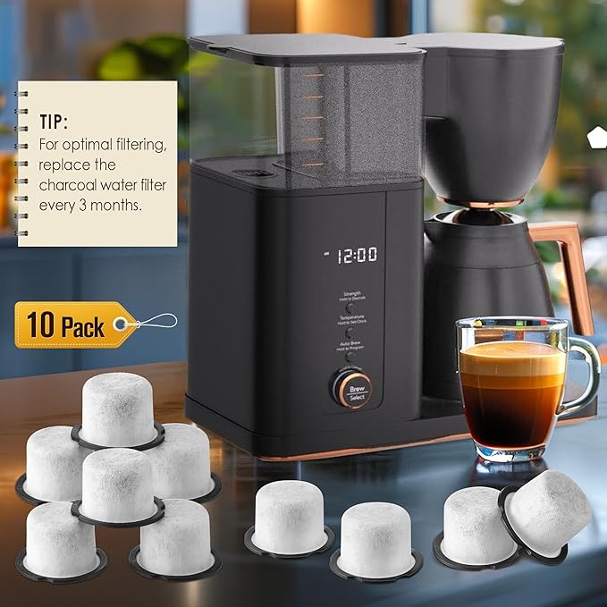 Qualirey 10 Pack Coffee Water Filter Replacement, Compatible with Café and GE Profile Grind & Brew Machine, Charcoal Coffee Filter Cartridges, Replacement for C7CGFLTR, Replace Every 3 Months - AquaVibe